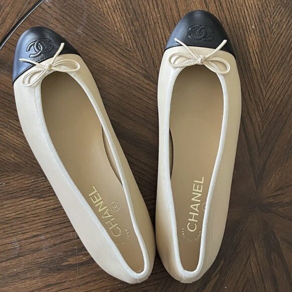 CHANEL Beige Lambskin Cap Toe Ballerina Flats - Picture 1 of 16